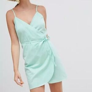 ASOS Design Petites Light Blue Linen Sleeveless V-Neck Wrap Mini Dress 8P NWT